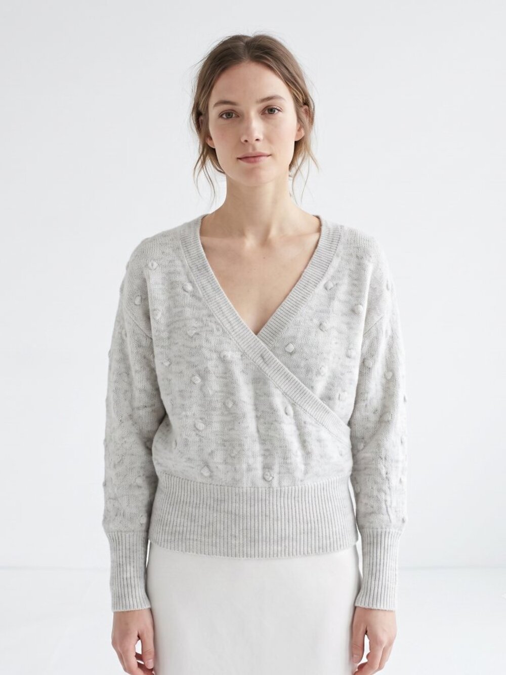 *Keep Wearing Your Heart on your .. Light Grey Bobble Knit Wrap V-Neck Sweater